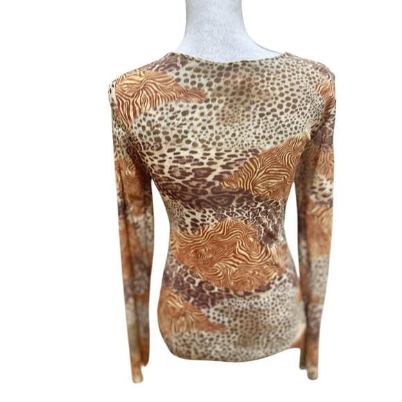 Sweet Pea tonal tan brown animal Print v neck sheer netting blouse top sz large - Picture 7 of 9